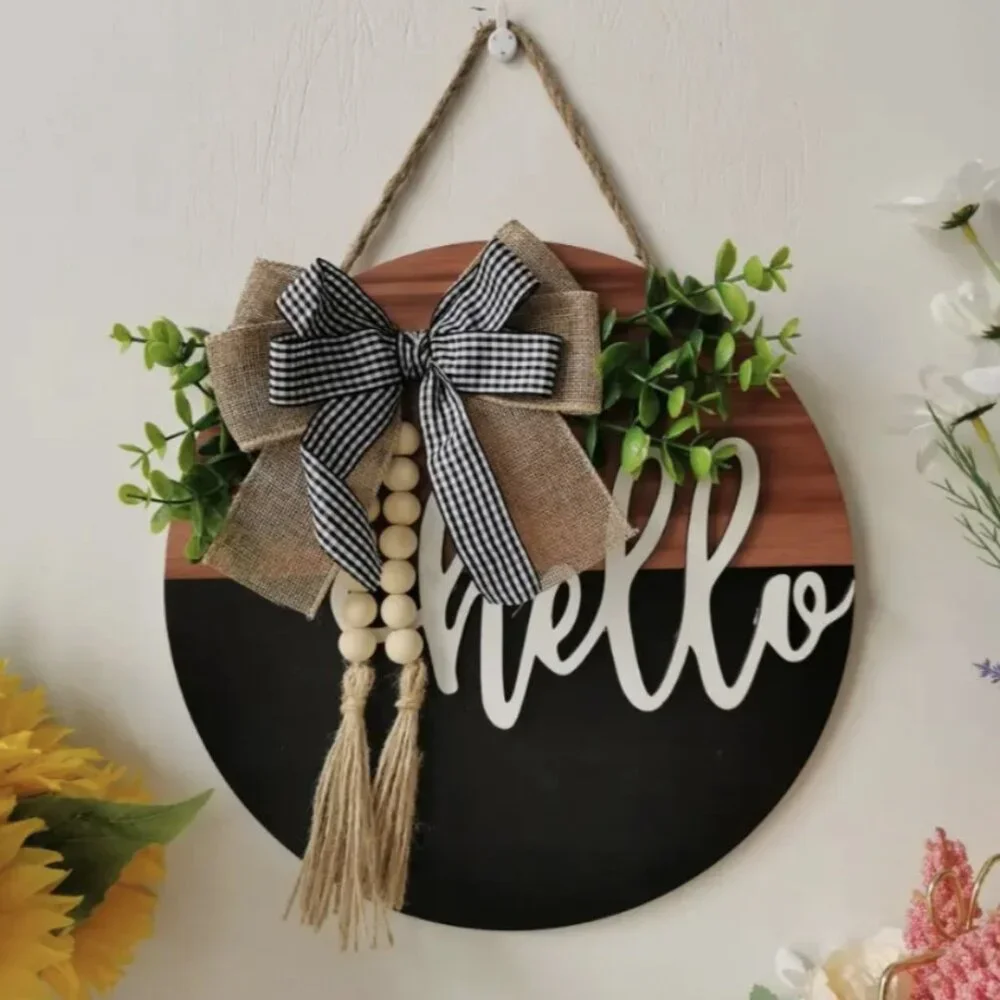 Hello Rustic Farmhouse Welcome Sign Buffalo Check Bow Wood Tassel Beads 11.8